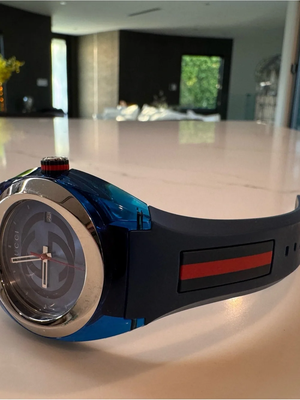Gucci Blue and Black Silicone Strap Watch with Red Accent